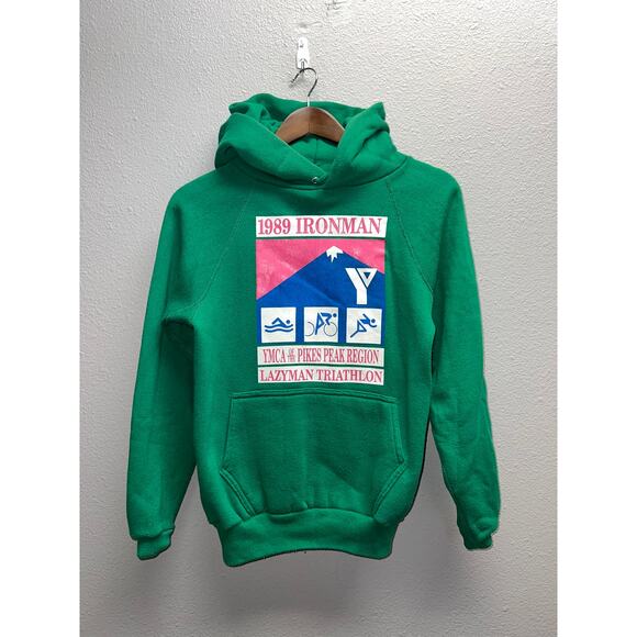 Vintage 1980s Ironman Hoodie 1989 YMCA Pikes Peak Lazyman Green 80s Discus Small - Picture 1 of 10